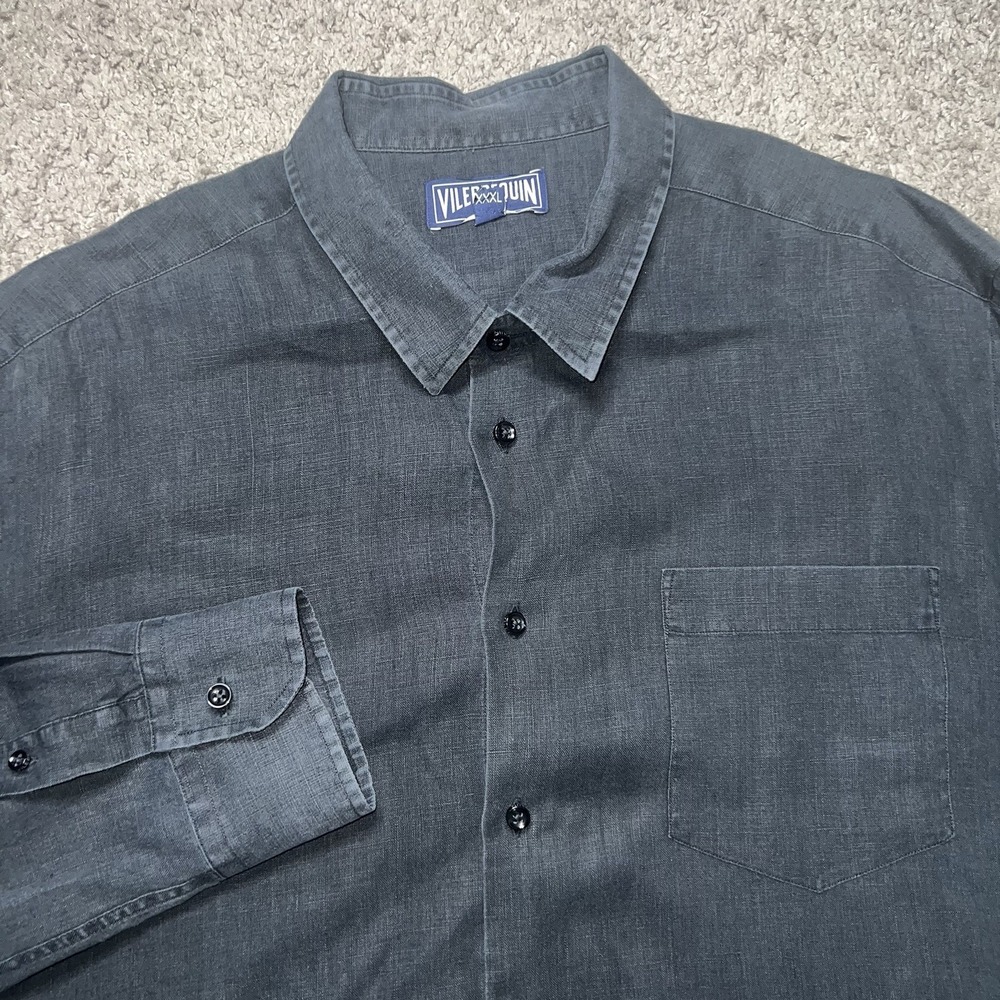 Vilebrequin Men's Black Linen Long Sleeve Button Down Shirt Turtle Logo 3XL